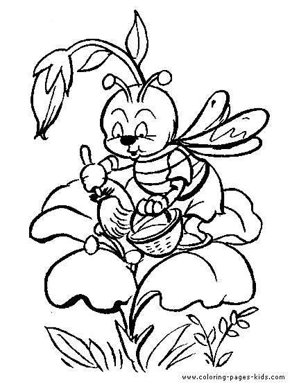 Bee painting a flower coloring page for kids