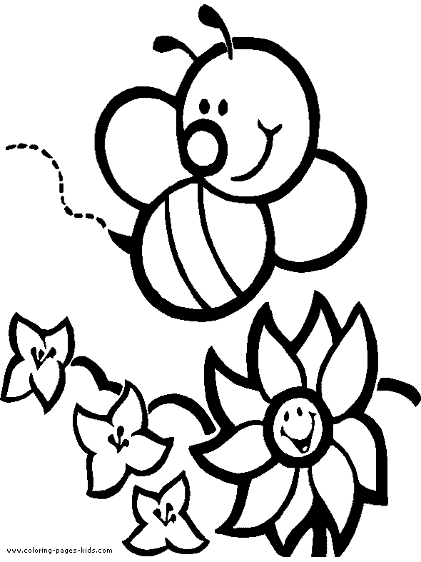 coloring pages of flowers for kids. Bee with flowers color page.