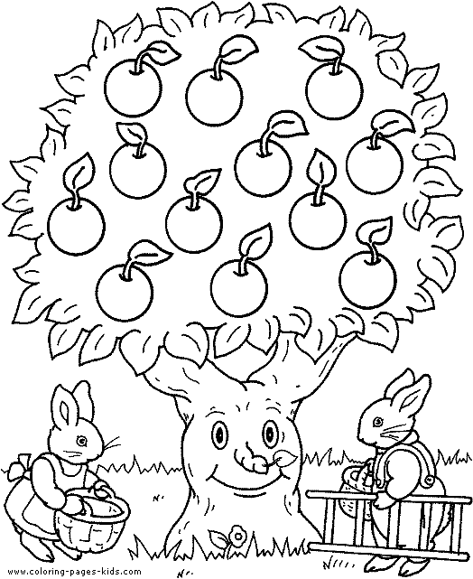 Bunnies with an apple tree color page.