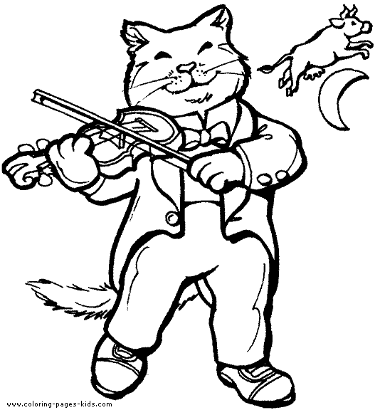 Cat playing the violin color page. Free printable coloring sheets for kids.