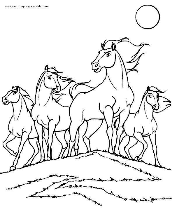 Four magnificent horses printable coloring page for kids