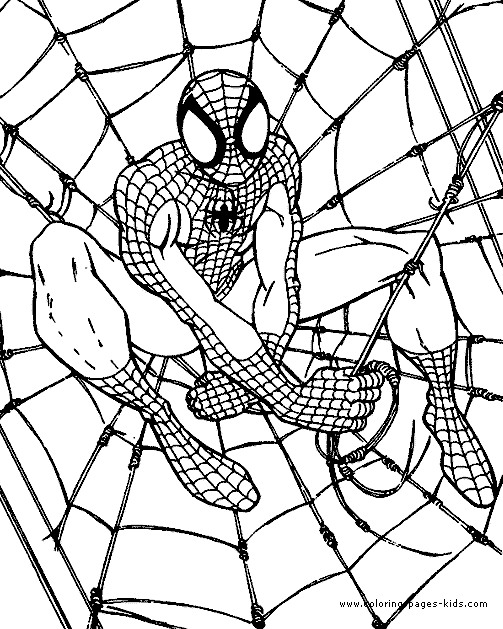 Spiderman in a web coloring page