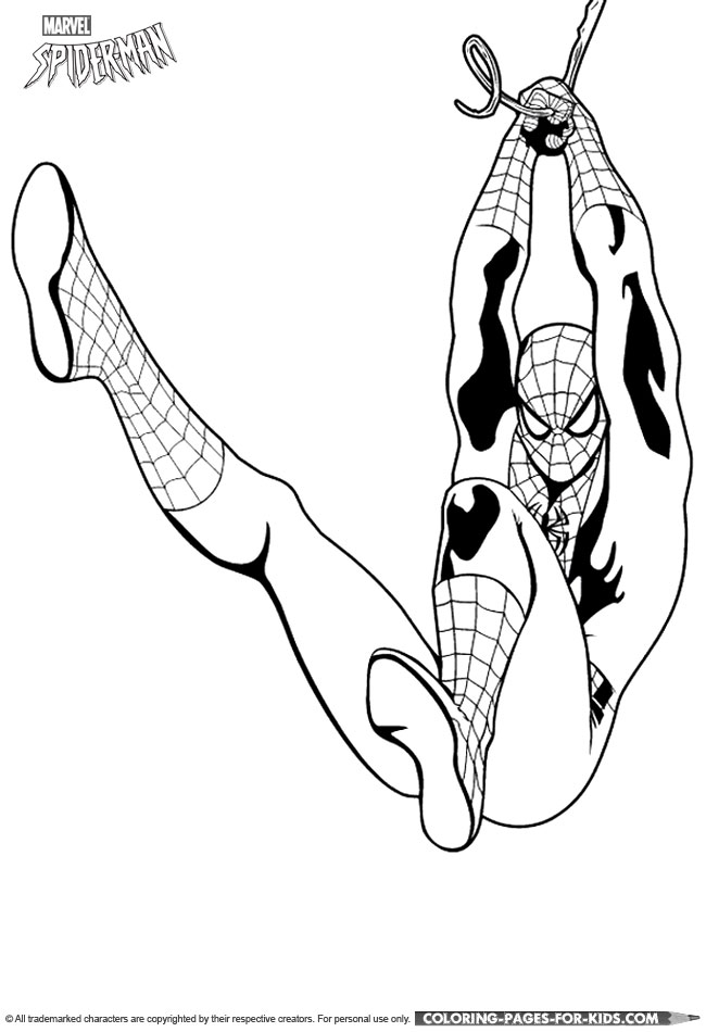 Spider-man slinging from a web coloring page for kids