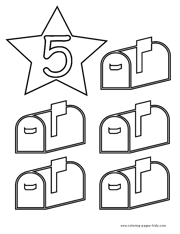 Number Five mailboxses count color page, numer coloring page, education school coloring pages, color plate, coloring sheet,printable coloring picture