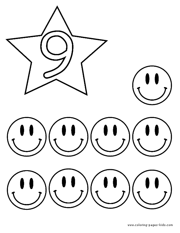 Number Nine smileys count color page, numer coloring page, education school coloring pages, color plate, coloring sheet,printable coloring picture