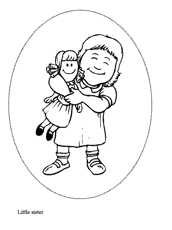 Little sister with a doll Family color page, family people jobs coloring pages, color plate, coloring sheet,printable coloring picture