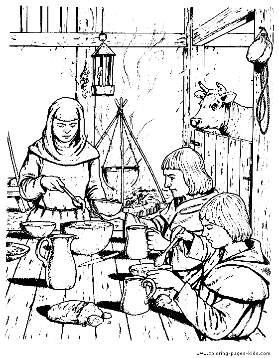 Farmer family eating dinner color page fantasy medieval coloring pages, color plate, coloring sheet,printable coloring picture