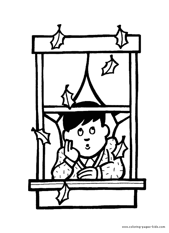 Boy looking trough a window at falling leaves color page