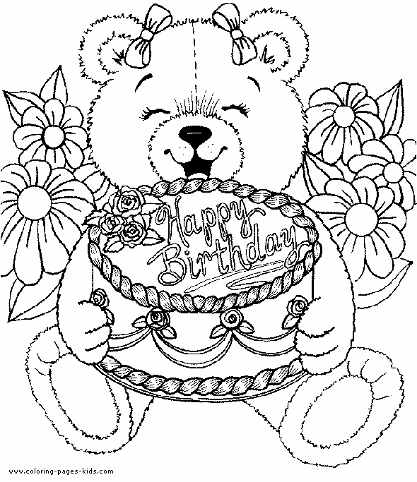 Birthday Bear with a cake color page Birthday color page, holiday coloring pages, color plate, coloring sheet,printable color picture