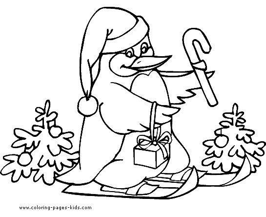 Penguin with a Christmas present free coloring sheet
