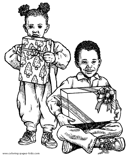 Kids opening presents on Christmas coloring picture to print