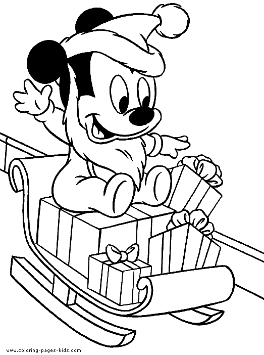 Mickey on a sled on christmas color page