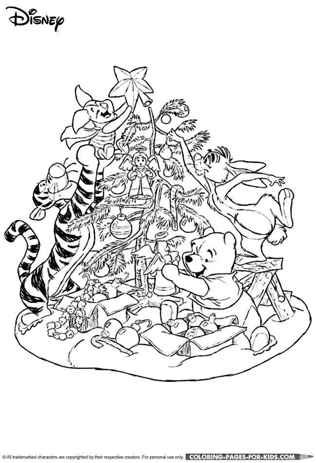 Winnie the Pooh Christmas decorating coloring page for kids