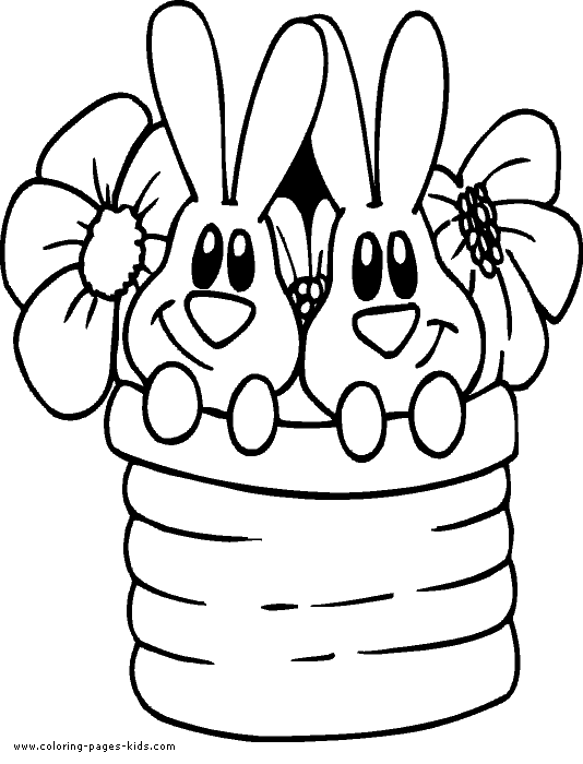 Two bunnies in a basket Easter color page, holiday coloring pages, color plate, coloring sheet,printable color picture