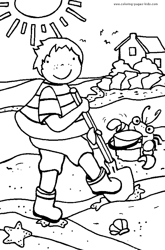 Boy playing on the beach Summer color page, holiday coloring pages, color plate, coloring sheet,printable color picture