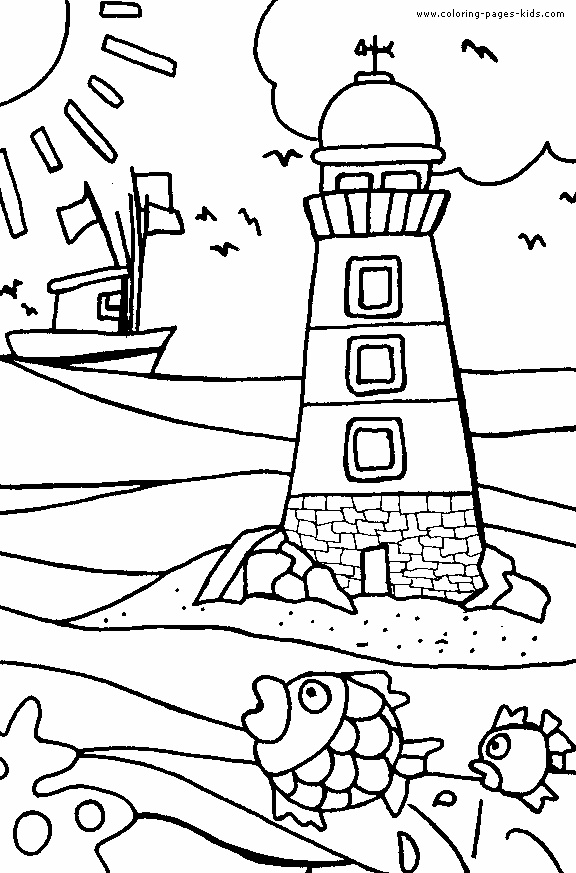 Lighthouse and a boat on sea color page