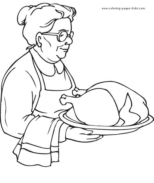 Thanksgiving color page, holiday coloring pages, color plate, coloring sheet,printable colorGrandma with a Thanksgiving Turkey  picture