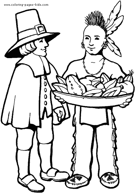 Pilgrim and an Indian Thanksgiving coloring
