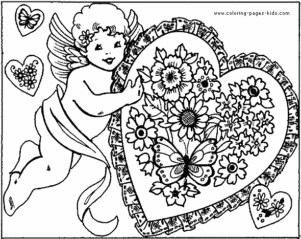 Valentine's Cupid with a heart  coloring sheet,printable color picture