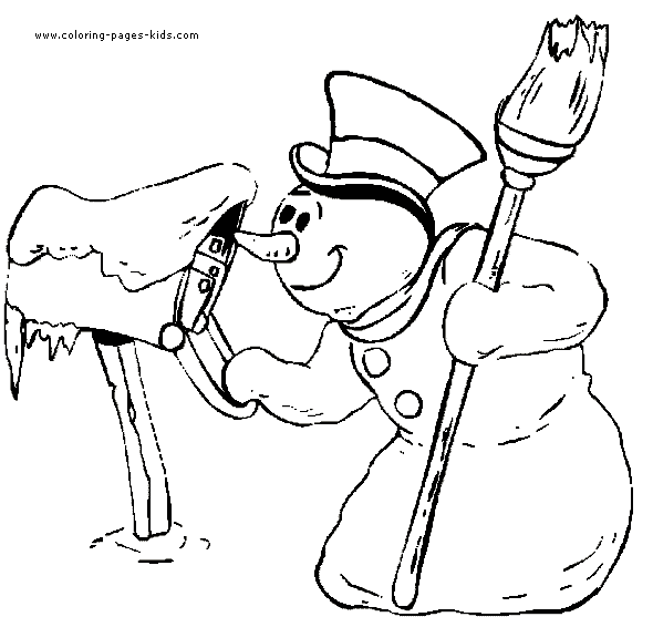 Snowman checking the mail Winter color page, holiday coloring pages, color plate, coloring sheet,printable color picture