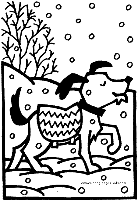 Dog in the snow Winter color page, holiday coloring pages, color plate, coloring sheet,printable color picture