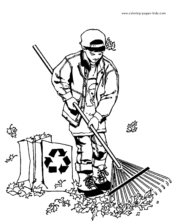 Boy raking leaves Gardening color page,  coloring pages, color plate, coloring sheet,printable coloring picture