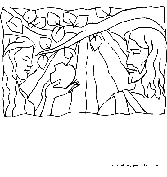Adam and Eve and an apple Bible Story color page, religious, religion coloring pages, color plate, coloring sheet,printable coloring picture