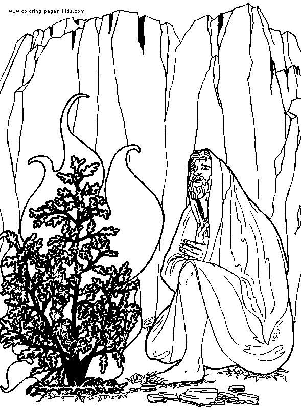 Moses with Burning Bush Bible Story color page, religious, religion coloring pages, color plate, coloring sheet,printable coloring picture