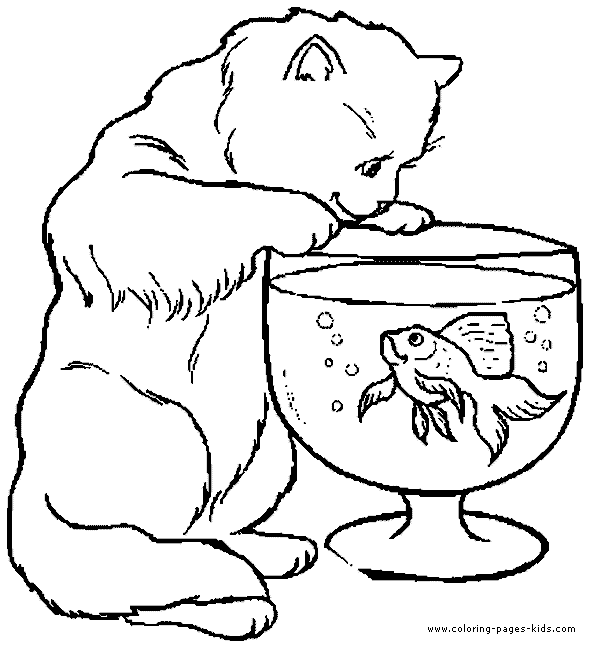 Cat Looking At A Fish Color Page Free Printable Coloring Sheets