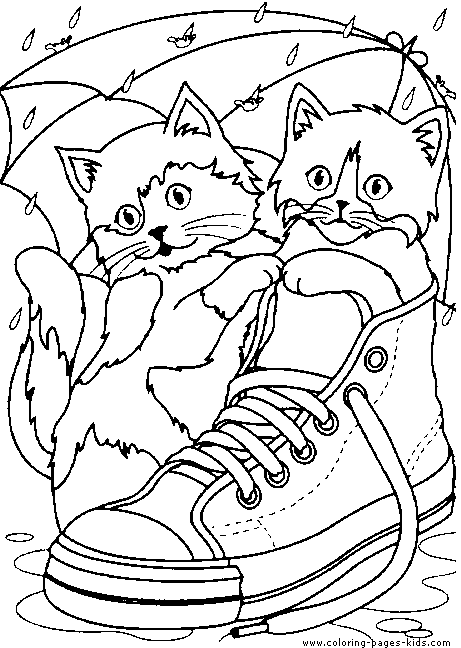 Two cute cats in a shoe color page. Free printable coloring sheets for kids.