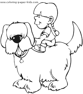 Girl sitting on a Dog color page, puppy animal coloring pages, color plate, coloring sheet,printable coloring picture