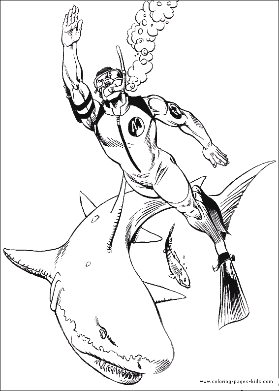 Action Man diving with a shark coloring page