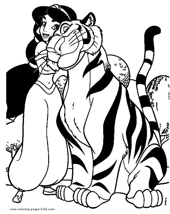 Princess Jasmin and her tiger coloring plate, aladin coloring page, disney coloring pages, color plate, coloring sheet,printable coloring picture