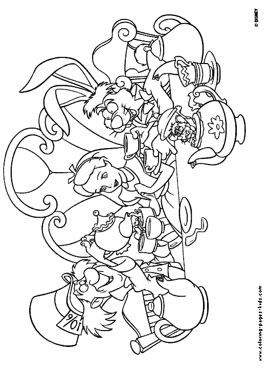 mad tea party, alice in wonderland, disney coloring pages, color plate, coloring sheet,printable coloring picture