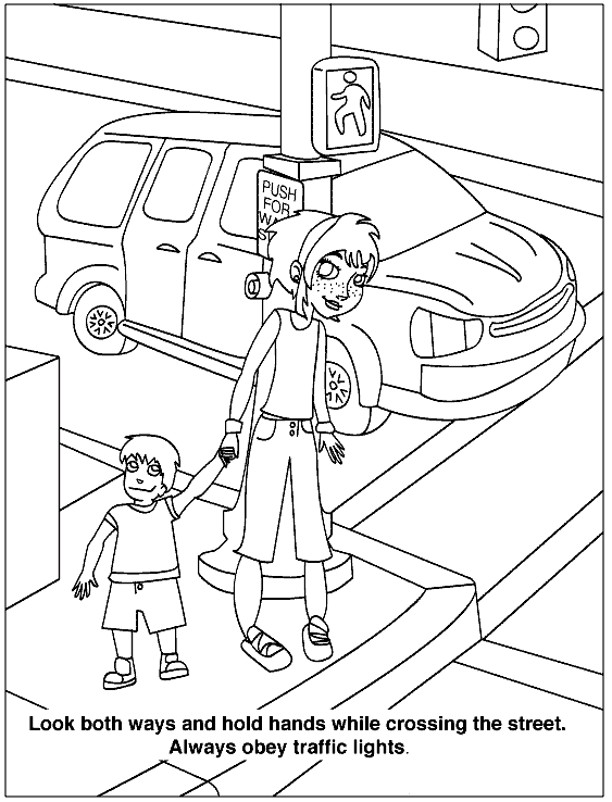 Look both ways health and safety color page, education school coloring pages, color plate, coloring sheet,printable coloring picture