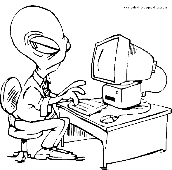 Alien using a computer color page