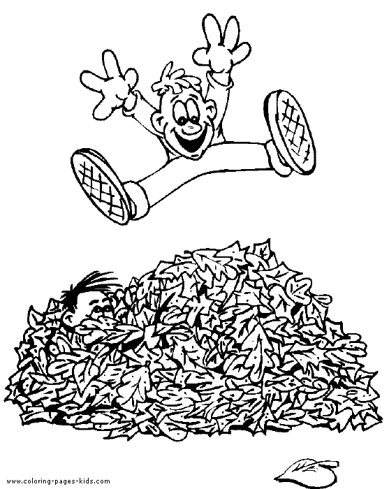 Boy jumping in a pile of leaves color page leafs