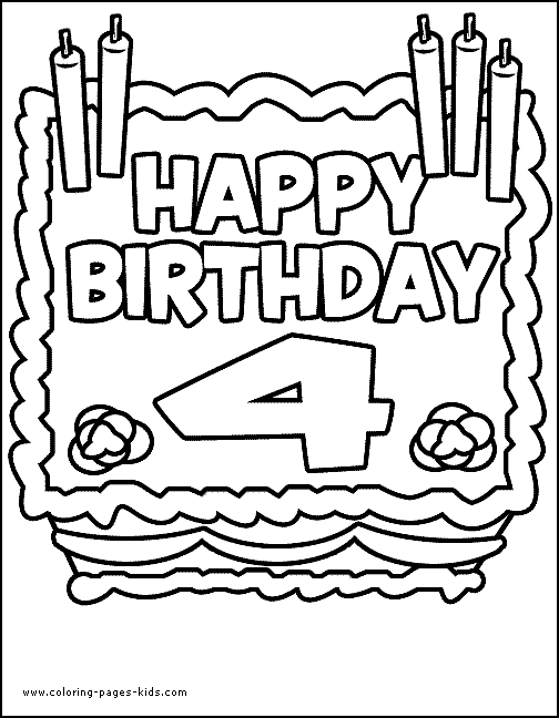 Birthday cake four years old color page Birthday color page, holiday coloring pages, color plate, coloring sheet,printable color picture