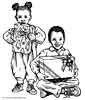 Kids opening presents on Christmas coloring picture to print