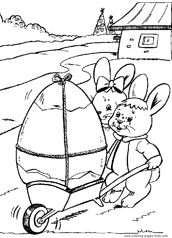 Easter Bunny's with Easter eggs coloring book page