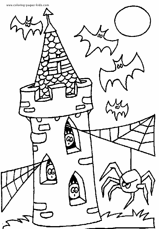 Scary castle Halloween color page, holiday coloring pages, color plate, coloring sheet,printable color picture