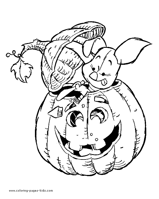 Piglet cutting a pumpkin for Halloween coloring page for kids