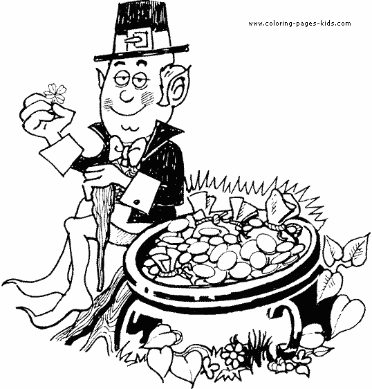 Leprechaun with a pot of gold St. Patrick's Day color page, holiday coloring pages, color plate, coloring sheet,printable color picture