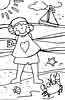 Girl at the beach in the free summer coloring page for kids
