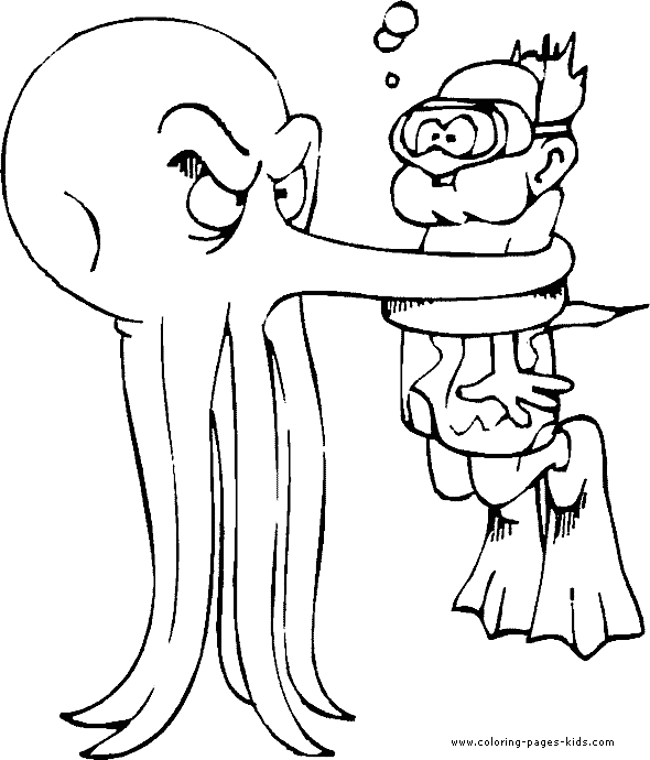 Octopus holding a scooba diver color page coloring sheet