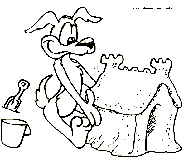 Dog building a sand castle Summer color page, holiday coloring pages, color plate, coloring sheet,printable color picture