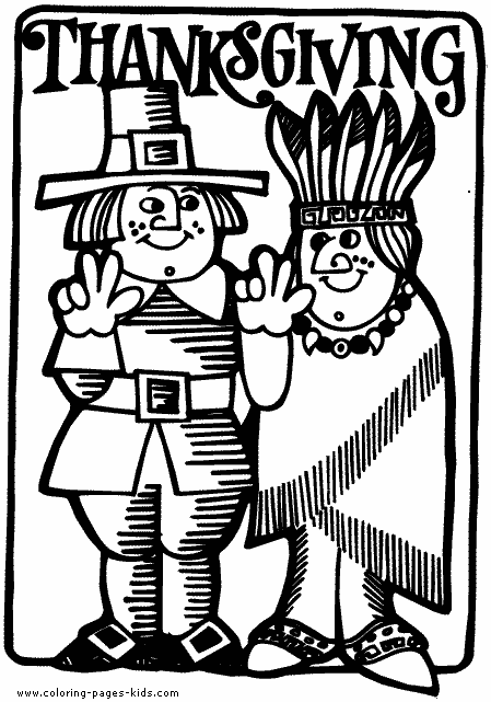Pilgrim and an Indian Thanksgiving color page, holiday coloring pages, color plate, coloring sheet,printable color picture