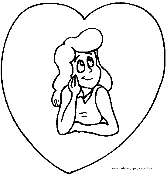 Girl in love Valentine's day color page, holiday coloring pages, color plate, coloring sheet,printable color picture