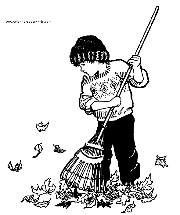 Boy raking leaves color page