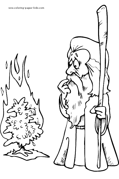 Moses with Burning Bush Bible Story color page, religious, religion coloring pages, color plate, coloring sheet,printable coloring picture